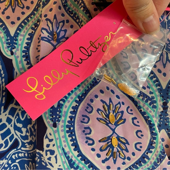 LILLY PULITZER 100% Silk Renato Tunic Deep Indigo Sea Turtle Gold Embellishment - Picture 4 of 11